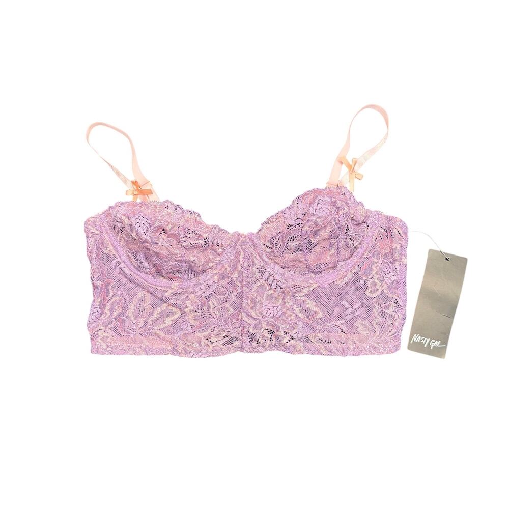 Nasty Gal Lilac Purple Lace Underwire Bustier Bra Top Bow Detail NWT Small‎